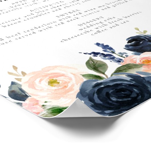 Romantisch & Zoet Navy Blush Bloemen Diner Menu Poster (Hoek)