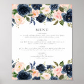 Romantisch & Zoet Navy Blush Bloemen Diner Menu Poster (Voorkant)