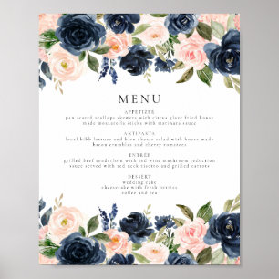 Romantisch & Zoet Navy Blush Bloemen Diner Menu Poster