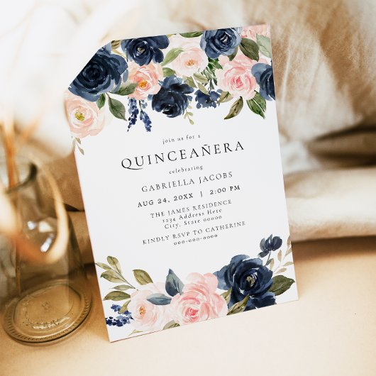 Romantisch & Zoet Navy Blush Bloemen Quinceañera Kaart