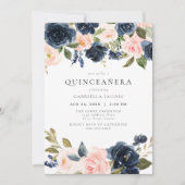 Romantisch & Zoet Navy Blush Bloemen Quinceañera Kaart (Voorkant)