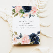 Romantisch & Zoet Navy Blush Bloemen Save the Date Kaart