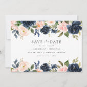 Romantisch & Zoet Navy Blush Bloemen Save the Date Kaart (Voorkant)