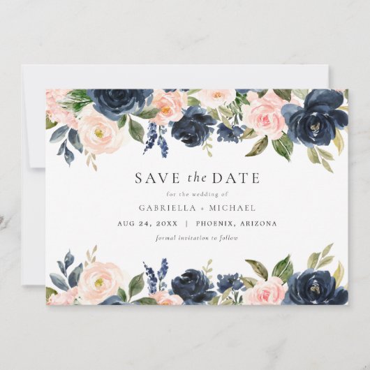 Romantisch & Zoet Navy Blush Bloemen Save the Date Kaart (Voorkant)
