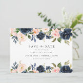 Romantisch & Zoet Navy Blush Bloemen Save the Date Kaart (Staand voorkant)