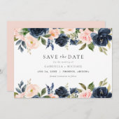 Romantisch & Zoet Navy Blush Bloemen Save the Date Kaart (Voorkant / Achterkant)