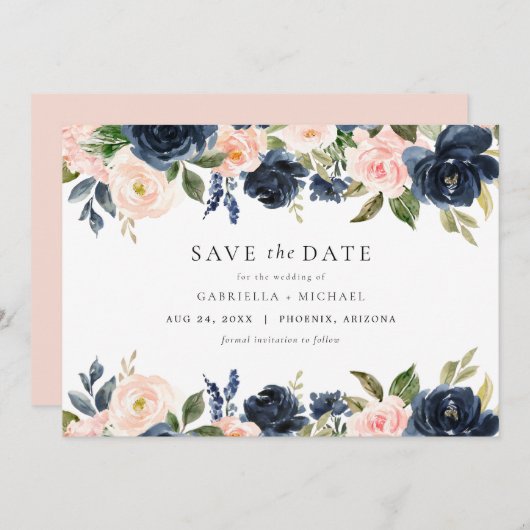 Romantisch & Zoet Navy Blush Bloemen Save the Date Kaart (Voorkant / Achterkant)