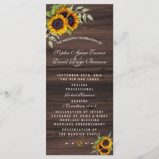 Romantisch Zonnebloemen Houten Huwelijksprogramma Programmakaart (Voorkant)