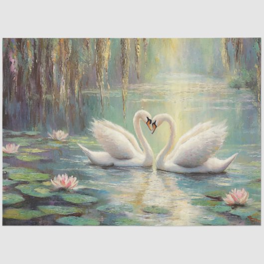 Romantisch Zwaankoppel in Lily Pond Decoupage Tissuepapier (Voorkant)
