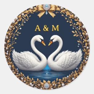 Romantisch Zwanenpaar Met Trouwringen Display Ronde Sticker