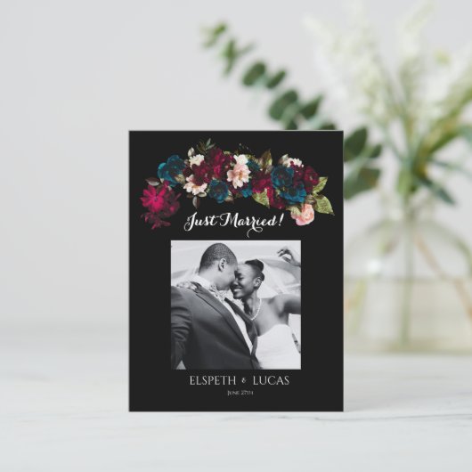 Romantisch zwart, Bourgondië en Blauwgroen bloemen Aankondigingskaart (Staand voorkant)