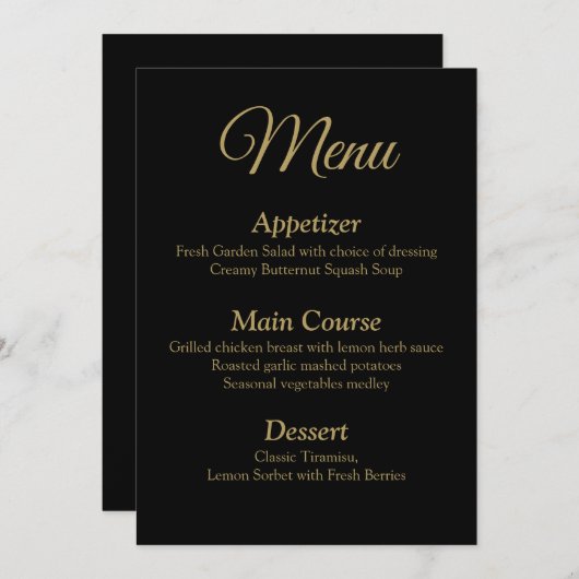 Romantisch Zwart en Goud Bruiloft Menu Kaart (Voorkant / Achterkant)