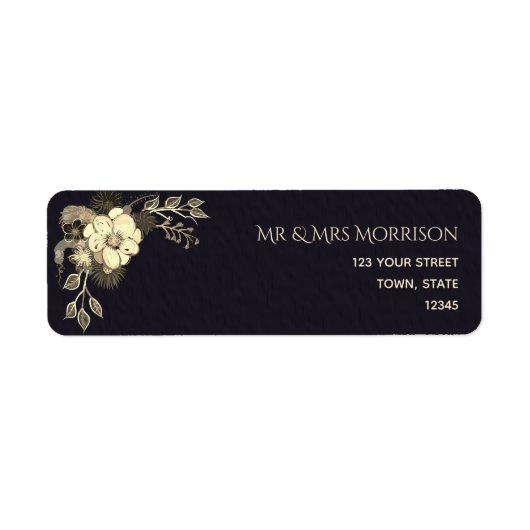 Romantisch zwart en goud bruiloft retour adres etiket (Voorkant)