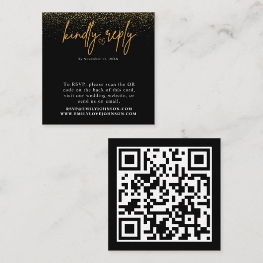 Romantisch Zwart en Goud QR Code Bruiloft RSVP Informatiekaartje (Voorkant / Achterkant)