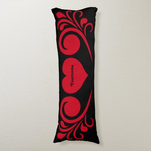 Romantisch zwart en rood hart met jouw naam lichaamskussen (Voorkant Verticaal)