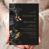 Romantisch Zwart Goud Bloemen Donker Bruiloft Kaart