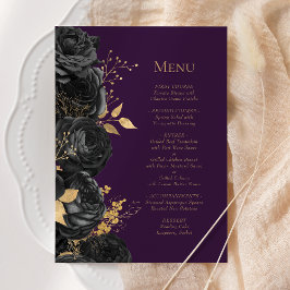 Romantisch Zwart Goud Paarse Bloemen Huwelijk Menu