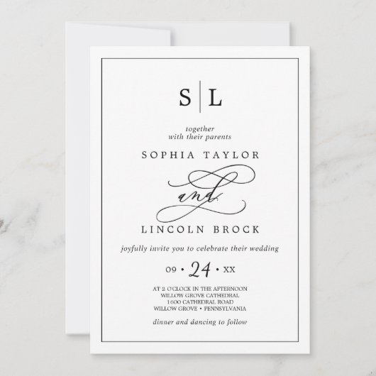 Romantisch Zwart Monogram Lijst Alles In Een Bruil Kaart (Voorkant)