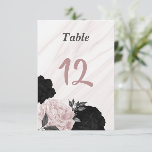 Romantisch zwart & roze bloemtafelnummer kaart (Staand voorkant)