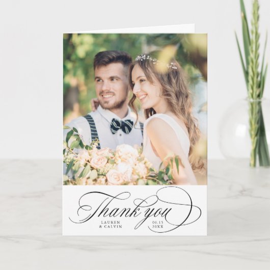 Romantisch zwart script bruiloft foto gevouwen bedankkaart (Voorkant)