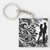 Romantisch Zwart & Wit Bloemen Silhouet Paar Sleutelhanger (voorkant)