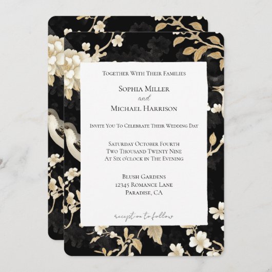 Romantisch Zwart Wit Bloemen Vogels Huwelijk Kaart (Voorkant / Achterkant)