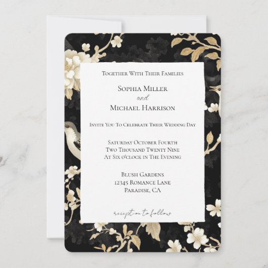 Romantisch Zwart Wit Bloemen Vogels Huwelijk Kaart (Voorkant)