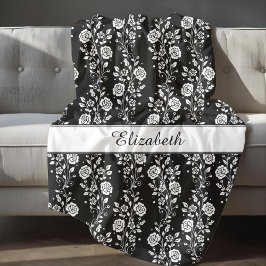 Romantisch zwart-wit bloemmotief naamprint fleece deken