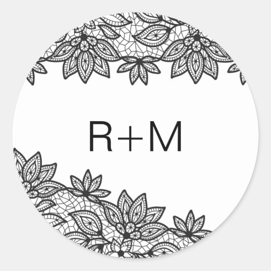 Romantisch zwart-wit kant bruiloft monogram ronde sticker (Voorkant)
