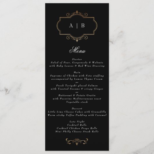 romantisch zwart wit klassiek goud monogram bruilo menu (Voorkant)