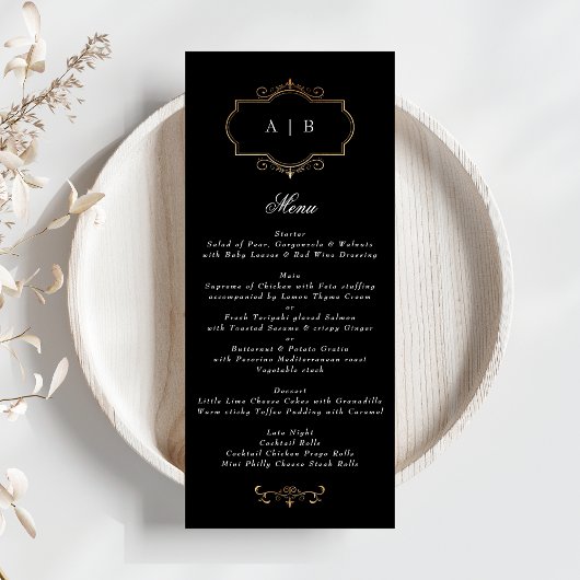 romantisch zwart wit klassiek goud monogram bruilo menu