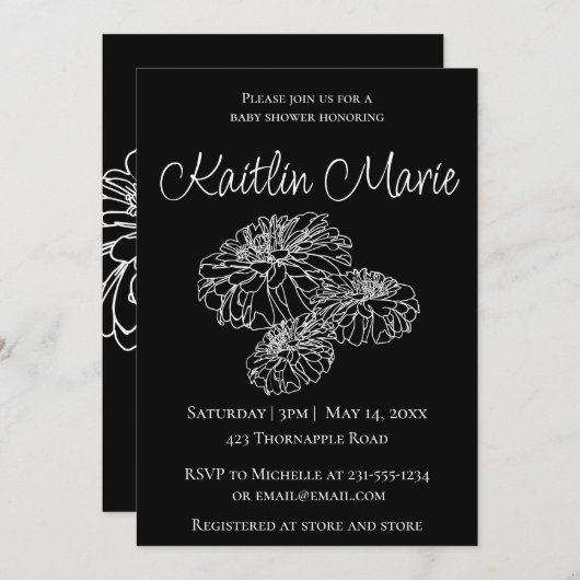 Romantisch zwart wit modern minimalistisch floraal kaart (Voorkant / Achterkant)