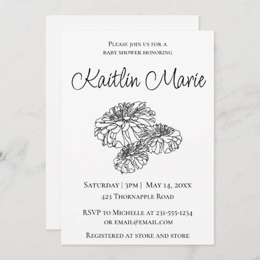 Romantisch zwart wit modern minimalistisch floraal kaart (Voorkant / Achterkant)