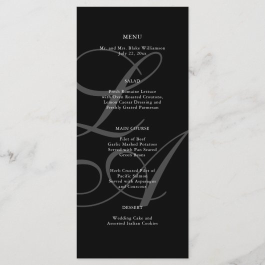 Romantisch Zwart-wit Monogram Bruiloft Menu (Voorkant)