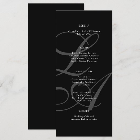 Romantisch zwart-wit monogram trouwmenu menu (Voorkant / Achterkant)