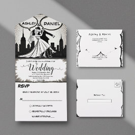Romantisch zwart-wit stripboek Elegante bruiloft All In One Uitnodiging