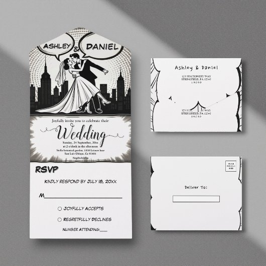 Romantisch zwart-wit stripboek Elegante bruiloft All In One Uitnodiging