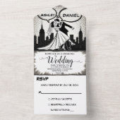 Romantisch zwart-wit stripboek Elegante bruiloft All In One Uitnodiging (Binnen)