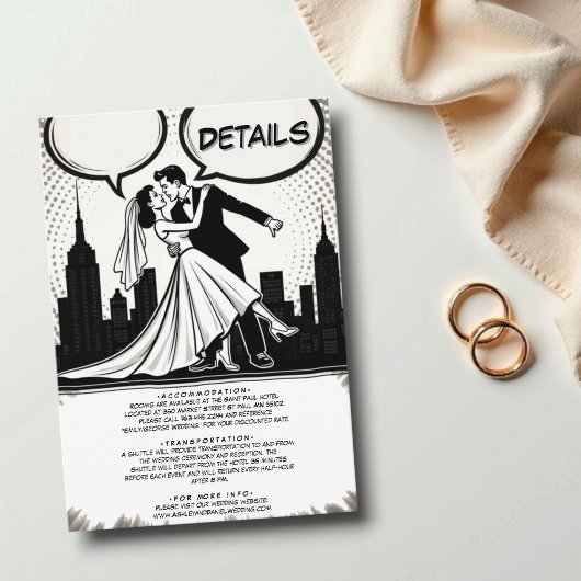 Romantisch zwart-wit stripboek Elegante bruiloft Informatiekaartje