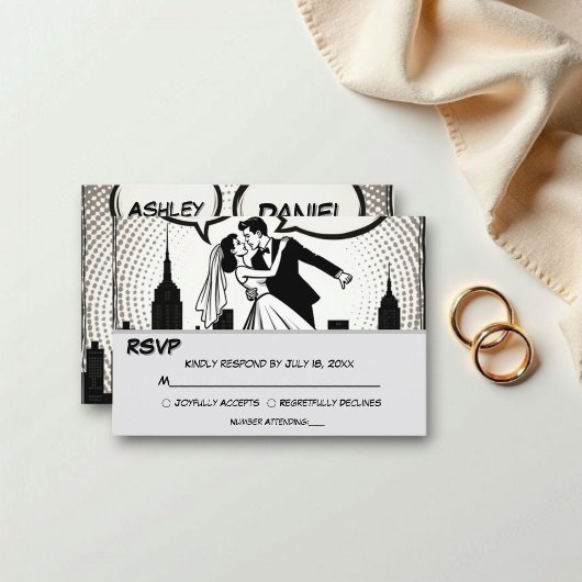 Romantisch zwart-wit stripboek Elegante bruiloft RSVP Kaartje