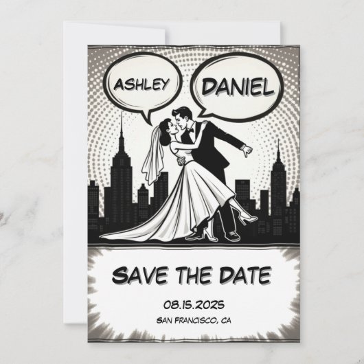Romantisch zwart-wit stripboek Elegante bruiloft Save The Date (Voorkant)