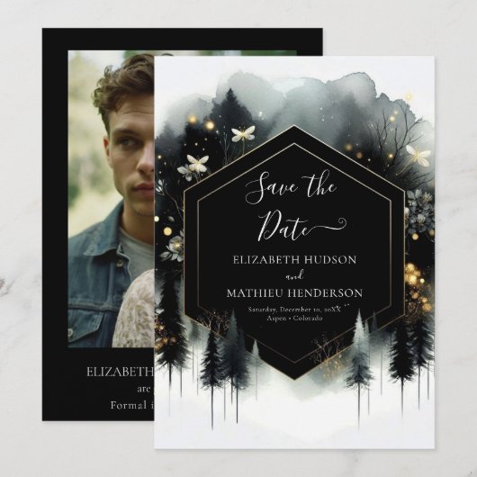 Romantische aangepaste betoverde bos bruiloft save the date (Voorkant / Achterkant)