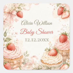 Romantische aardbeien baby shower vierkante sticker