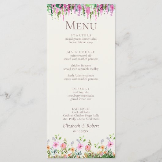 Romantische Acacia en Wildbloemen Bruiloft Menu (Voorkant)