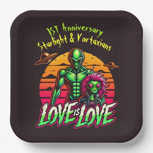 Romantische aliens onder kosmische zonsondergang papieren bordje (Voorkant)