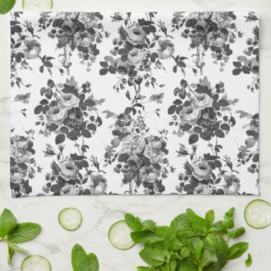 Romantische Antiek  Rozen-Grijs op Wit Theedoek (Gevouwen)