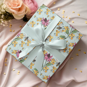 Romantische Aqua Queen Bee, Honingraat & Bloemen Cadeaupapier
