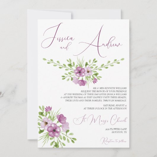 Romantische aquarel bloemen bruiloft kaart (Voorkant)