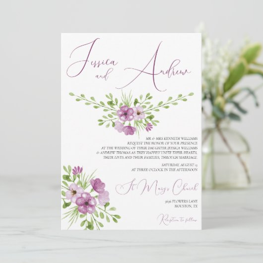 Romantische aquarel bloemen bruiloft kaart (Staand voorkant)