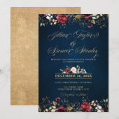 Romantische aquarel bordeauxrood marinegoud bloem kaart (Voorkant / Achterkant)